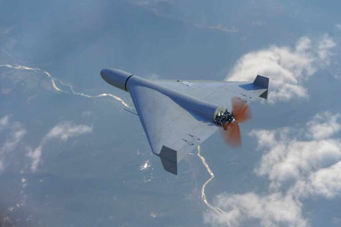 Top,View,Of,Russian,Army,Shahid,Combat,Drone,In,The A drone flying high above the clouds with a visible propeller