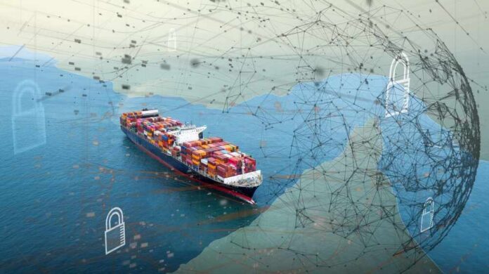 Container,Ship,With,Digital,Security,Lock,And,Network,Overlay.concept,Of Map highlighting the Strait of Hormuz and surrounding regions