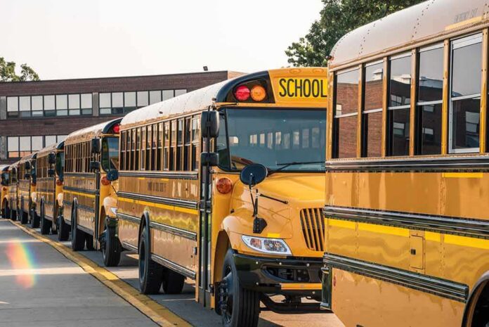 shutterstock_1167553465 Row of yellow school buses parked outside a brick school