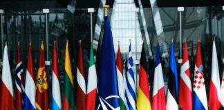 NATO flag with member country flags in the background