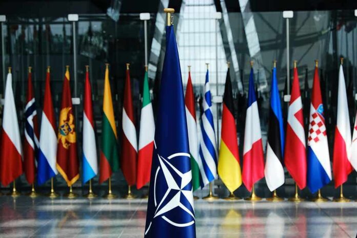 shutterstock_1434932837 NATO flag with member country flags in the background