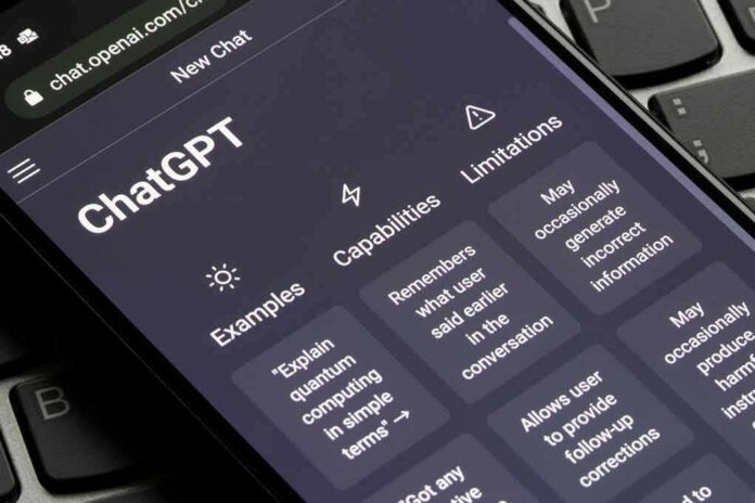 shutterstock_2239373423 Smartphone showing ChatGPT interface on a keyboard