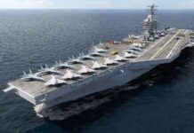 Aircraft carrier at sea with fighter jets on deck
