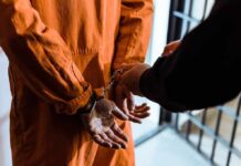 License Plates Nail Murder Suspect Prisoner in orange jumpsuit handcuffed by officer