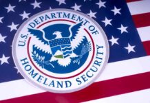 U.S. Department of Homeland Security emblem on American flag