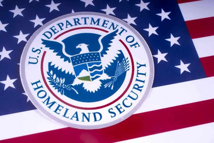 shutterstock_1051372529 U.S. Department of Homeland Security emblem on American flag