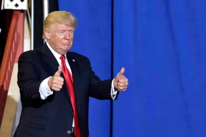 Donald Trump giving two thumbs up in front of a blue curtain