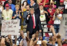 GOP Allies Put Affordability At Center Of Midterms politician on stage at a rally raising a fist amid cheering crowd