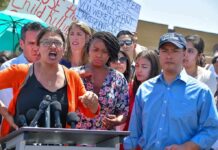 One Word Is Reshaping Michigan’s Race Rashida Tlaib speaks at a podium with Ayanna Pressley and Joaquín Castro beside her; Pete Aguilar behind
