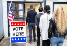 Dead Heat in GOP Stronghold Voters standing in line at a polling place entrance