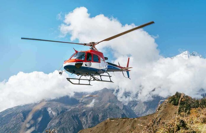 helicopter flying over mountain landscape
