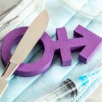 Ballot Brawl Looms Over Teen Hormones Purple transgender symbol with surgical tools on medical masks