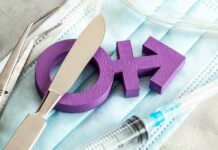 Ballot Brawl Looms Over Teen Hormones Purple transgender symbol with surgical tools on medical masks