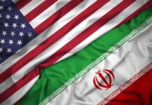 War Hangs On One U.S. Step United States and Iran flags overlapping