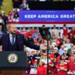 All-In On Trump — Dallas Doubles Down Crowd at a political rally with a speaker at a podium; Stephen Paea, Curtis Lofton, Walter Jones, John Sullivan, and Colin David Jones present