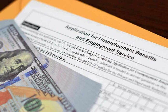Unemployment benefits application with cash and envelope
