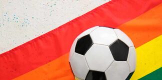 Soccer ball on a rainbow flag
