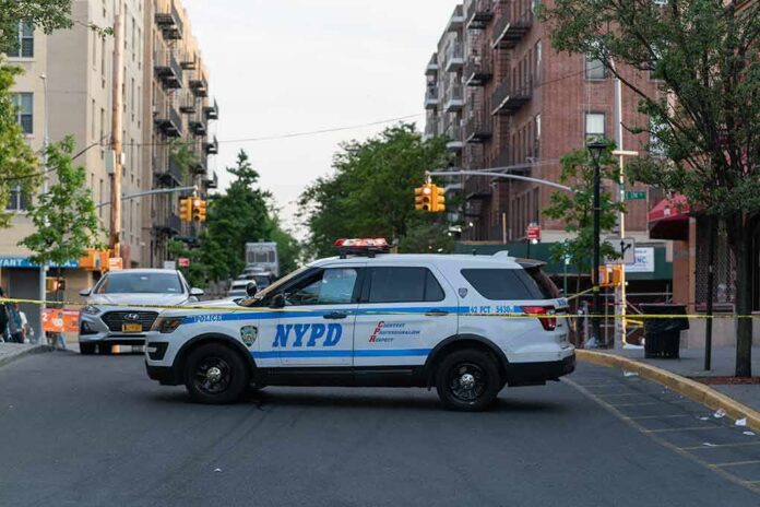 NYPD police SUV blocking a city street at a taped-off scene