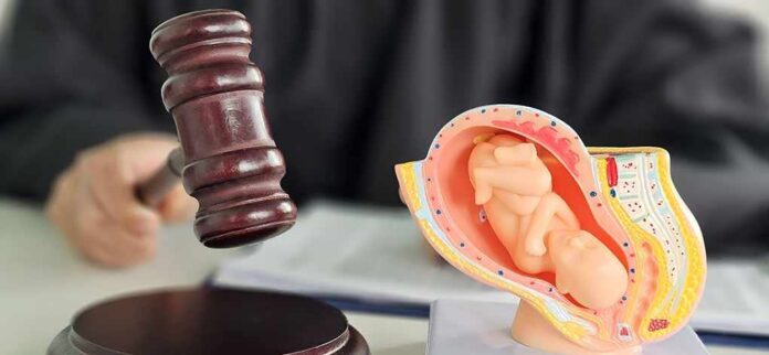 Judge's gavel beside a fetal model of a pregnant uterus