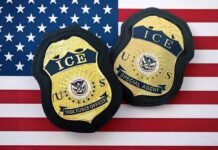 ICE badges on an American flag background