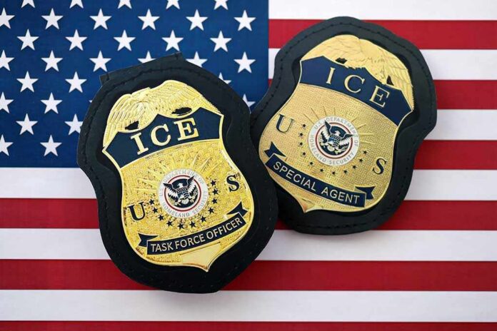 ICE badges on an American flag background