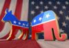 Who’s Gaining Ground In The 2028 Race? Democratic donkey and Republican elephant symbols on American flag backdrop