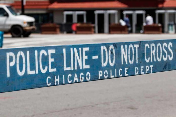 Police barricade with 'Do Not Cross' message in urban street