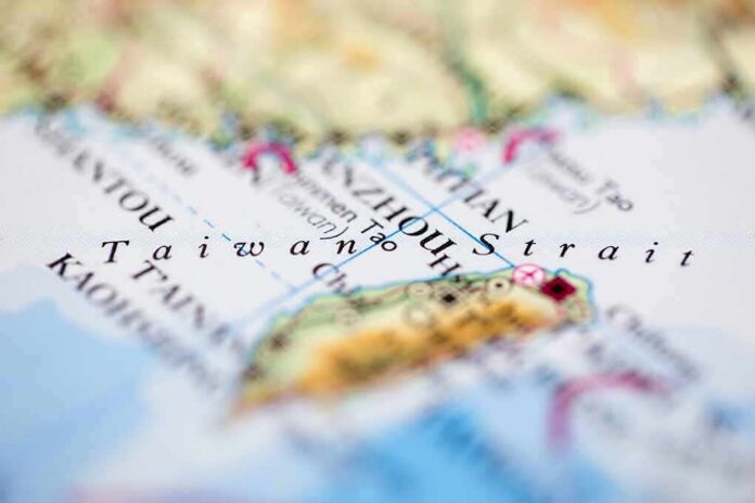 Close-up of map showing the Taiwan Strait