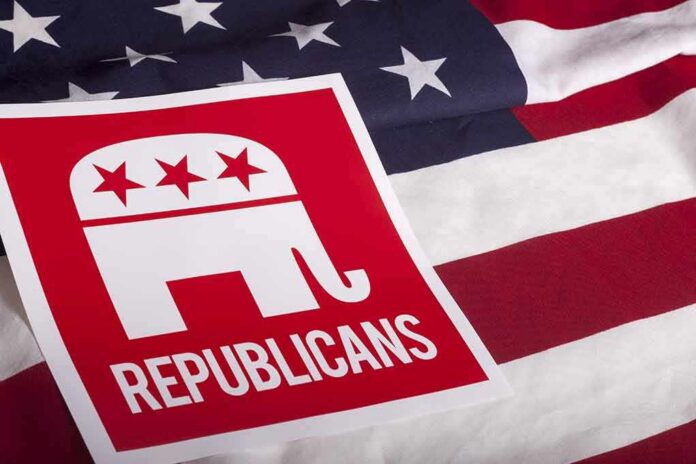 Republican elephant logo on an American flag